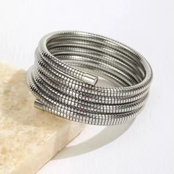 Stainless Steel Coil Wrap Bracelet Multi-Layer Adjustable Bangle - Picture 2 of 4